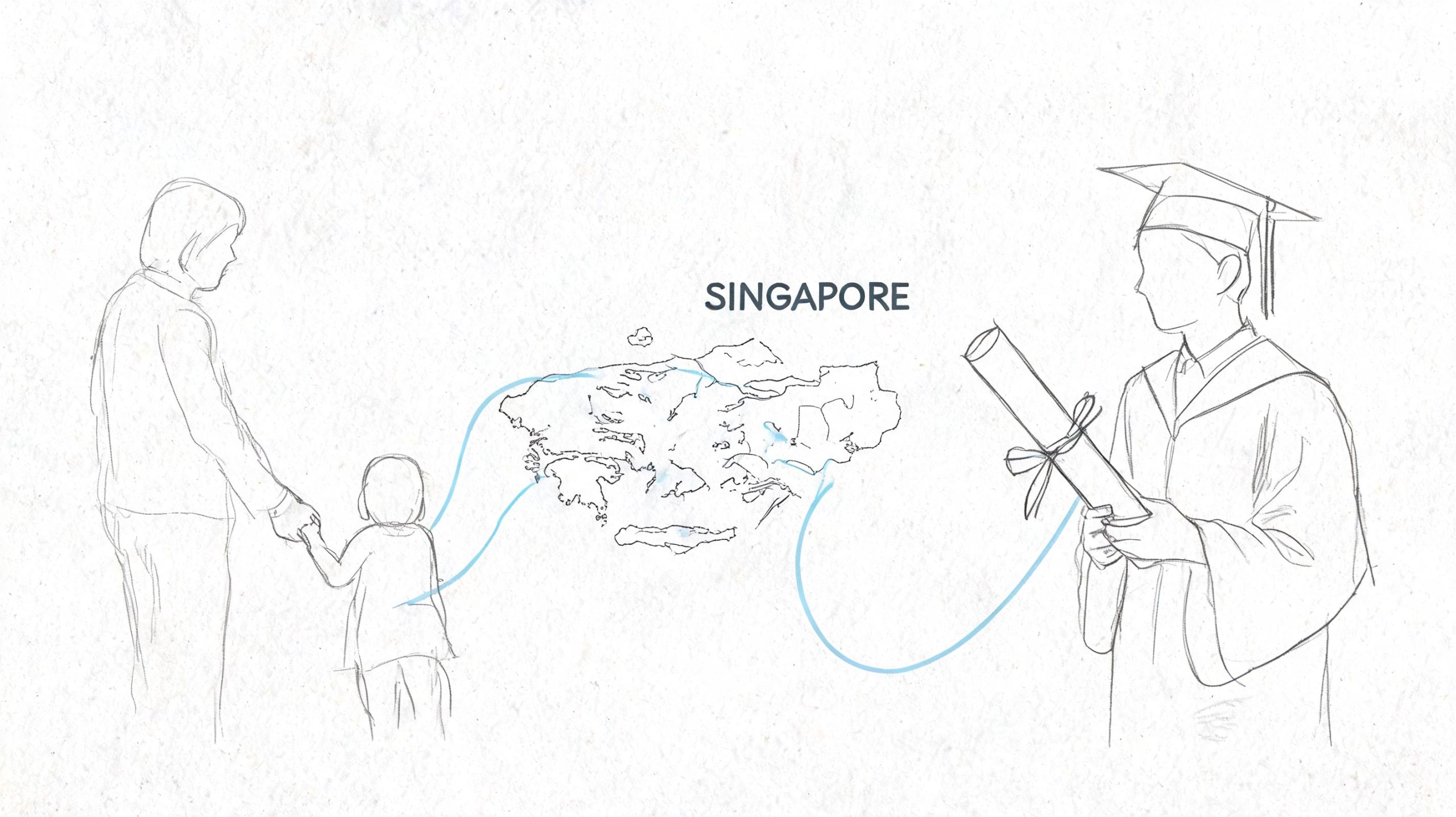 A line drawing illustration showing a parent holding a child's hand transitioning to a graduate in Singapore.