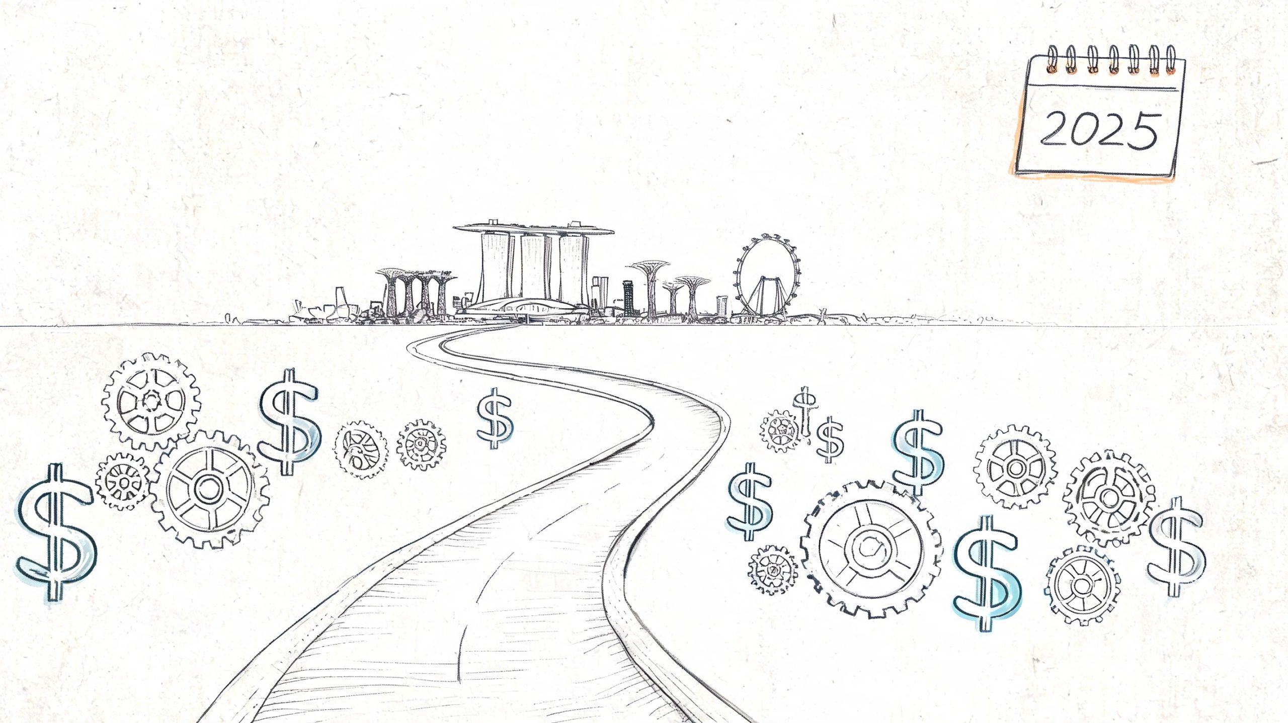 A hand-drawn sketch of Singapore's skyline leading a road towards financial growth, gears, and dollar signs.