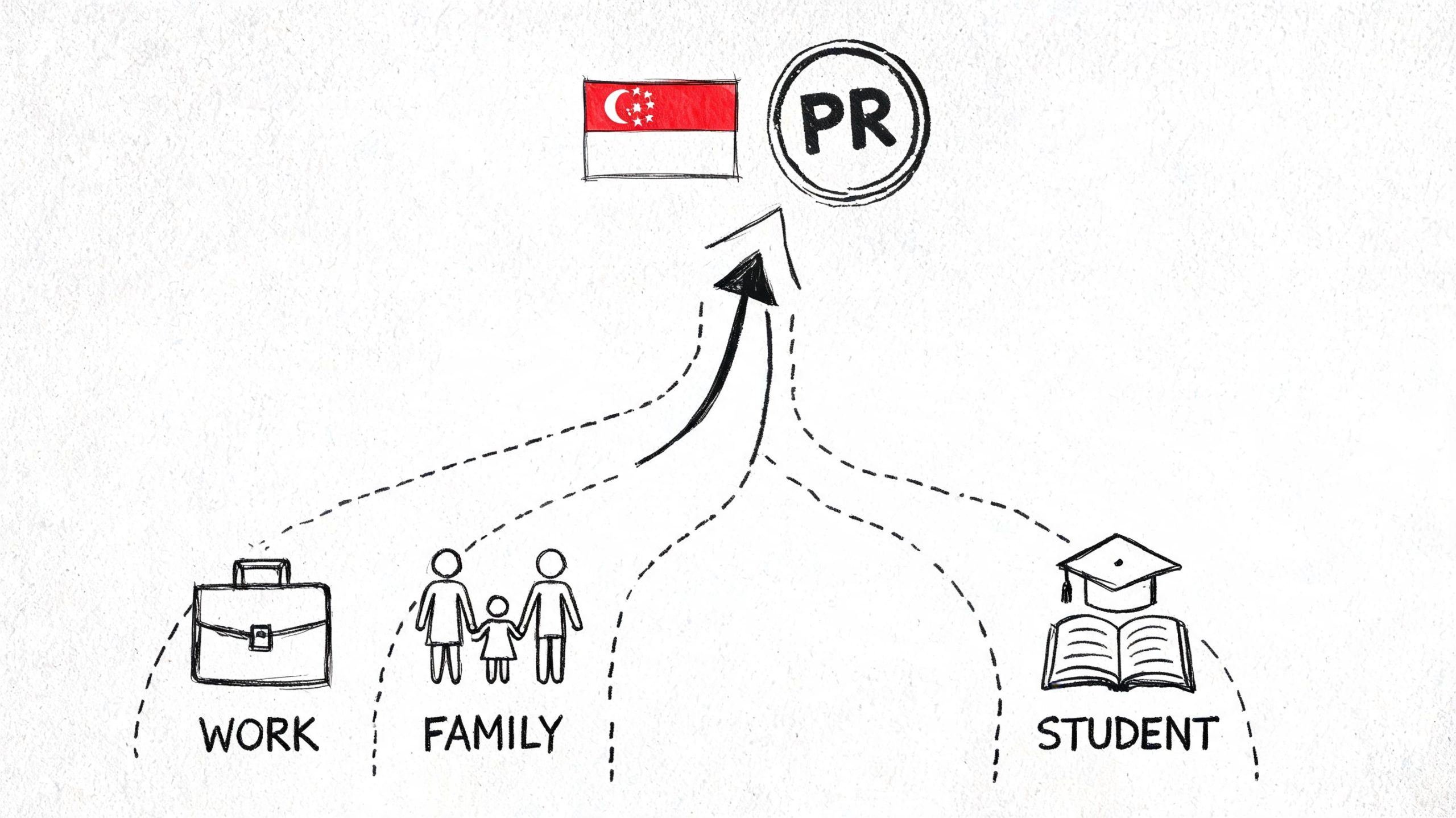 An illustration showing four paths leading toward a Singapore Permanent Residency status icon.