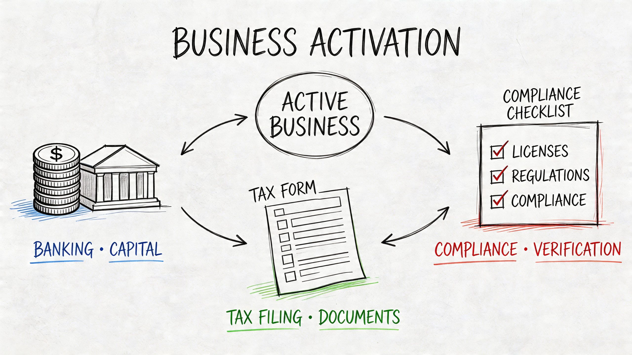 A hand-drawn diagram illustrating the steps for business activation, including banking, capital, tax filing, and compliance checklists.