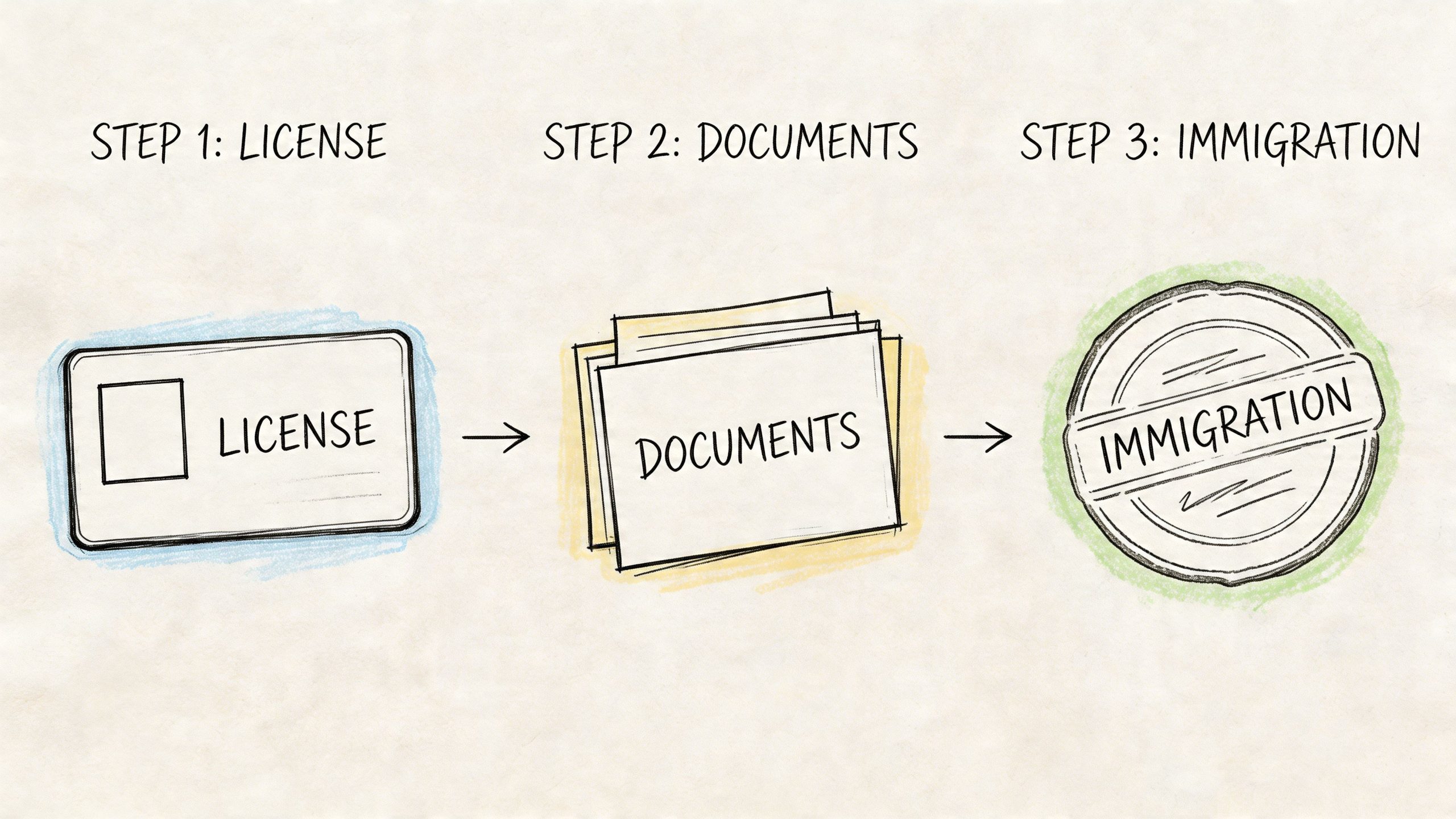 A three-step guide illustrated with icons for license, documents, and immigration for a business setup process.