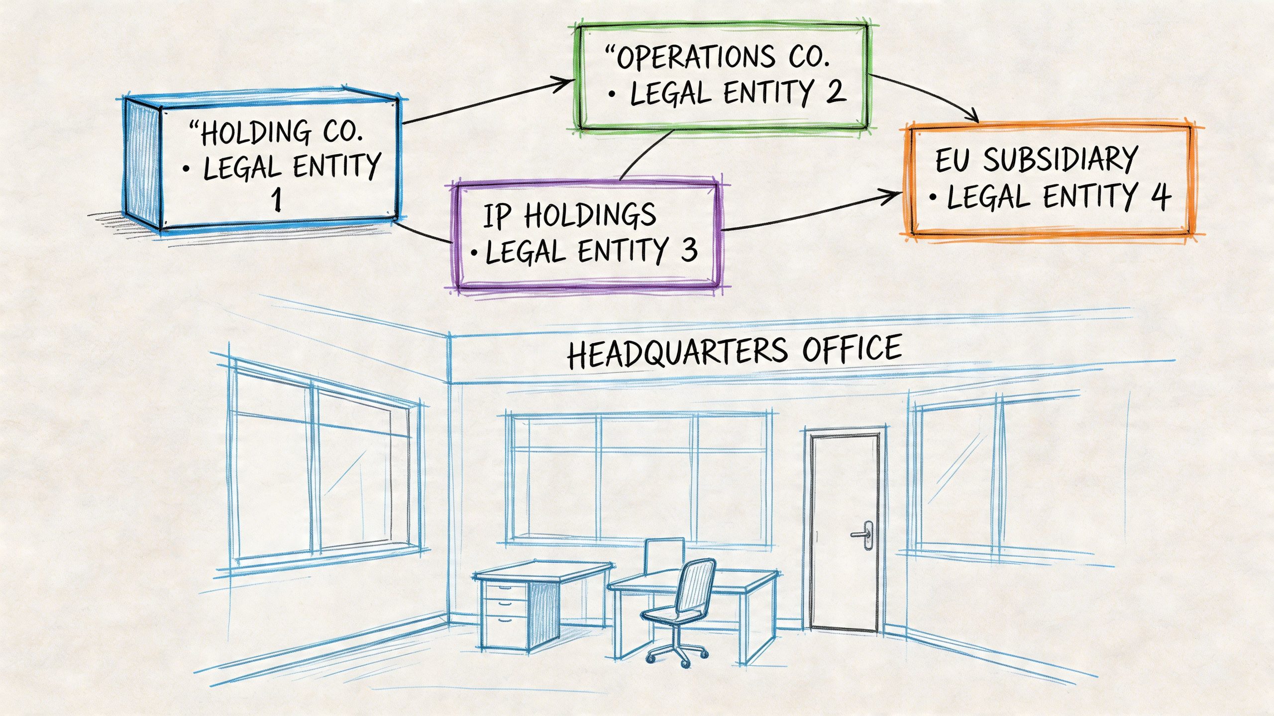 A hand-drawn business organizational chart showing relationships between different legal entities alongside a sketch of a headquarters office.