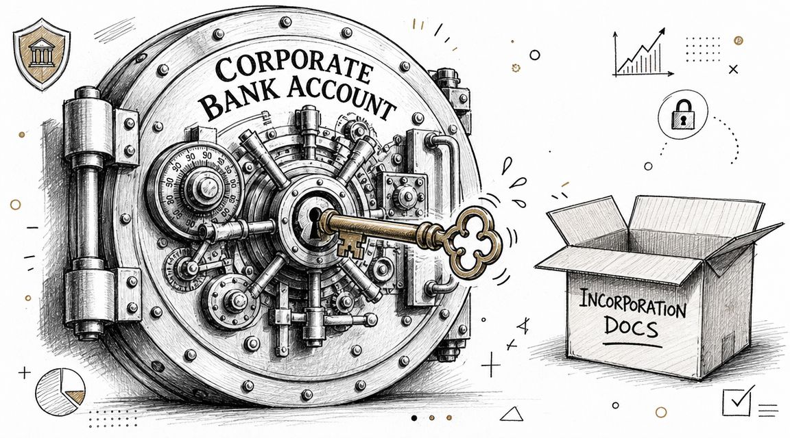 A detailed sketch of a vault door labeled Corporate Bank Account with a key and box of documents.