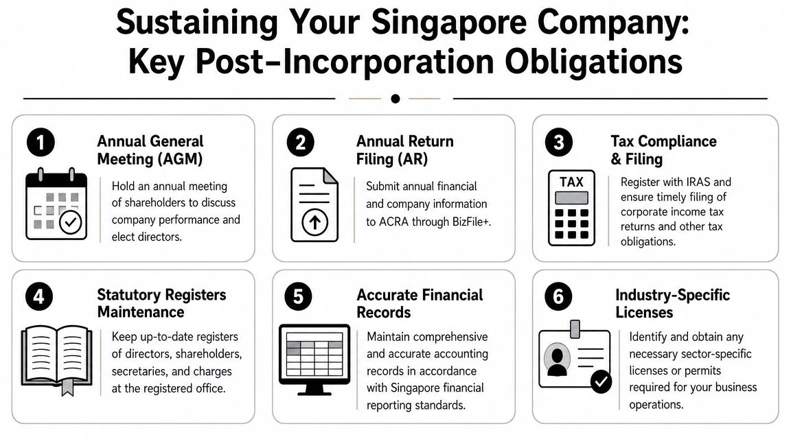 A diagram outlining six essential post-incorporation compliance obligations for businesses operating a company in Singapore.