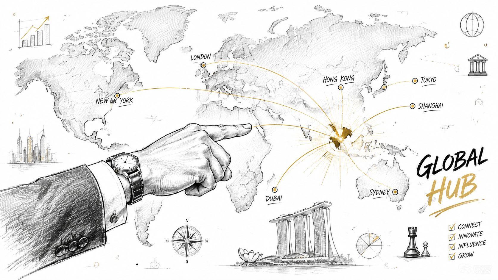 A hand points to Singapore on a map, highlighting it as a central global business hub.